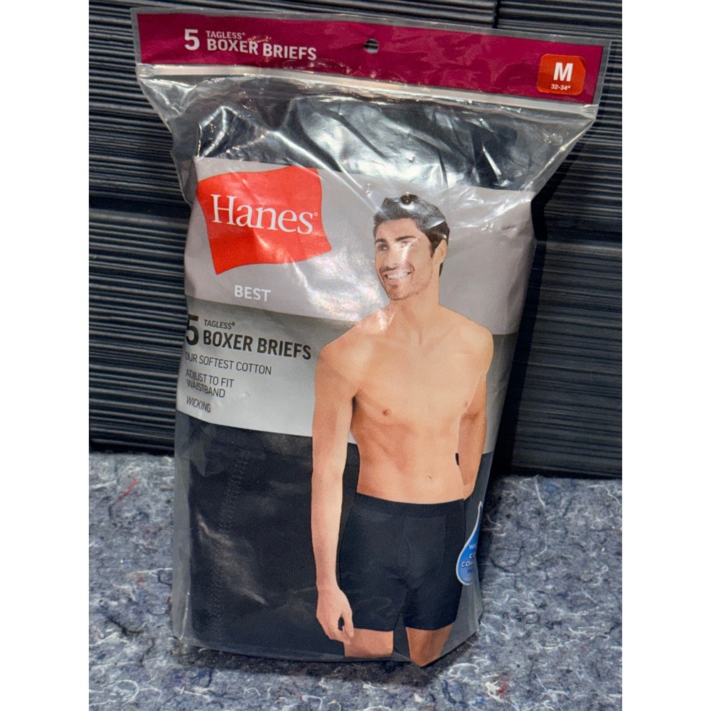 Hanes Best Mens Medium Tagless Boxer Briefs 5 Pack Black 100% Cotton 32-34
